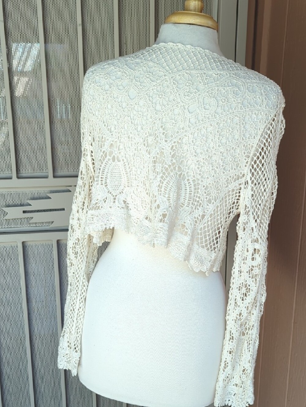 Crochet Lace Long-Sleeve Cream Crop Top - Picture 4 of 4